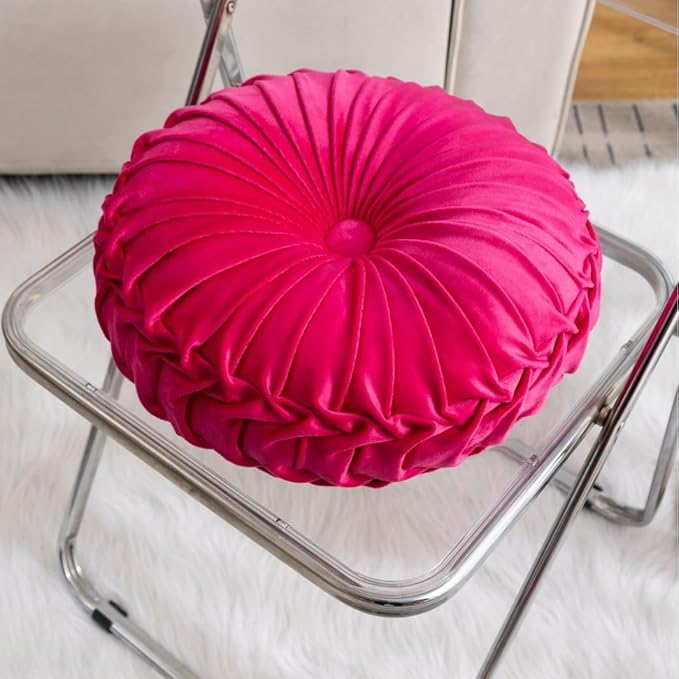 MOCOFO Round Velvet Throw Pillow, Pumpkin Shape Decorative Floor Cushion, Handcrafted Pleated Design, 14 and 16 Inch Diameter, Multiple Colors, Polyester Fill (Rose red, 14")