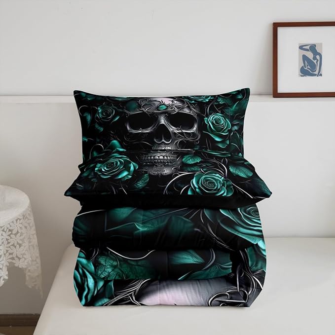 Erosebridal Gothic Bedding Set for Adluts Kids Teens Halloween Goth Skull Twin Comforter Set Vintage Victorian Romantic Turquoise Rose Floral Quilt Spooky Skeleton Boho Horror Bedding,Gothic Decor