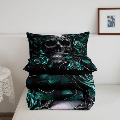 Erosebridal Gothic Bedding Set for Adluts Kids Teens Halloween Goth Skull Comforter Full Size Vintage Victorian Romantic Turquoise Rose Floral Quilt Spooky Skeleton Boho Horror Bedding,Gothic Decor