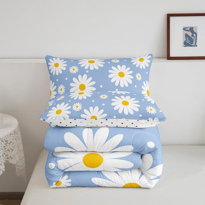 Erosebridal Blue Daisy Toddler Bedding Set for Girls,Cute Cartoon Flower Comforter Set Rustic Daisy Floral Comforter Watercolor Flowers Duvet Insert for Kids Teen Adults Room Decor