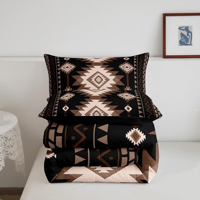 Feelyou Brown Black Western Bedding Set Twin Size Southwestern Aztec Comforter Set Tribal Native American Indian Duvet Quilt
