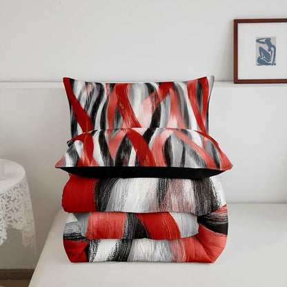 Erosebridal Geometric Stripes Comforter Full Modern Abstract Comforter Set Grey Black Red Bedding Set for Kids Boys Teen Men Swirl Lines Quilt Duvet Room Decor 3 Pcs