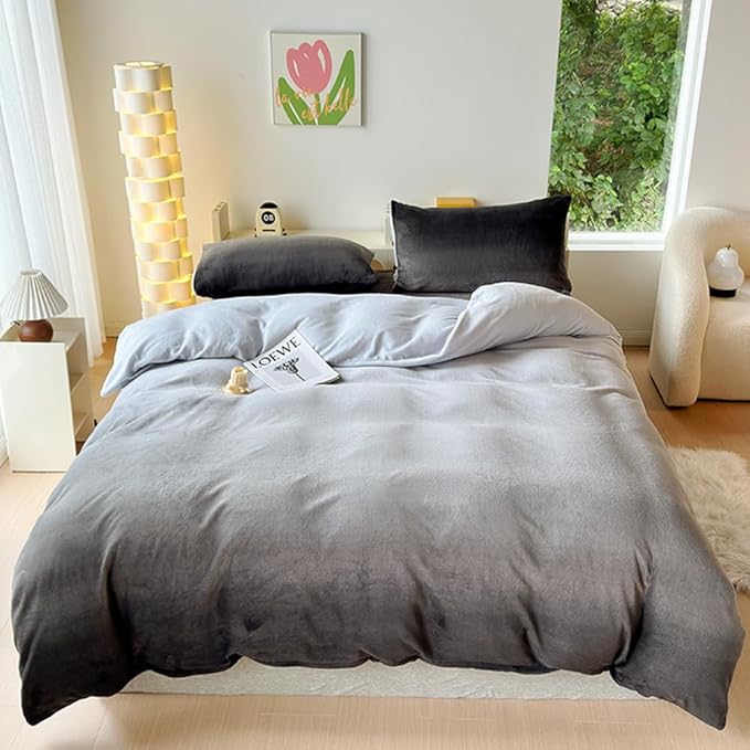CLOTHKNOW Grey White Fluffy King Comforter Set Velvet Bedding Comforter Sets Soft Gray Comforter with 2 x Pillow Cases