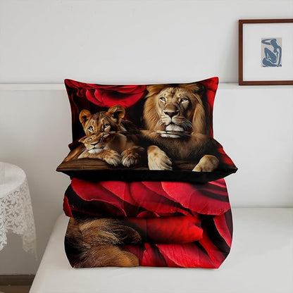 Erosebridal Rose Flower Room Decor Comforter Set,Animal Lion Print Bedding Set for Kids Teen Boys Girls Home Bedroom,Floral Comforter Sets,Modern Style Down Alternative King Size