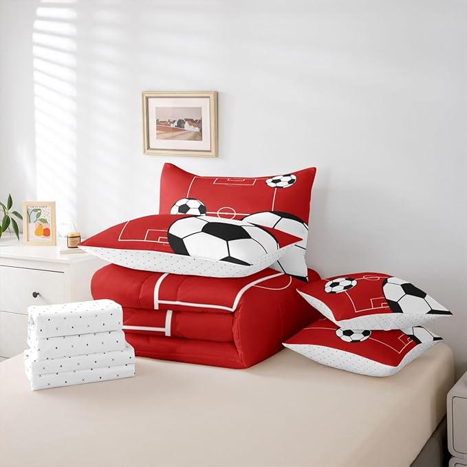 Erosebridal Sports Theme 7 Piece Bedding Set King Football Comforter Set with Sheets Football Court Soccer Ball Pattern Bed in a Bag Boys Playground Red White for Kids Boys Girls