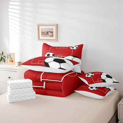 Erosebridal Sports Theme 7 Piece Bedding Set Full Football Comforter Set with Sheets Football Court Soccer Ball Pattern Bed in a Bag Boys Playground Red White for Kids Boys Girls