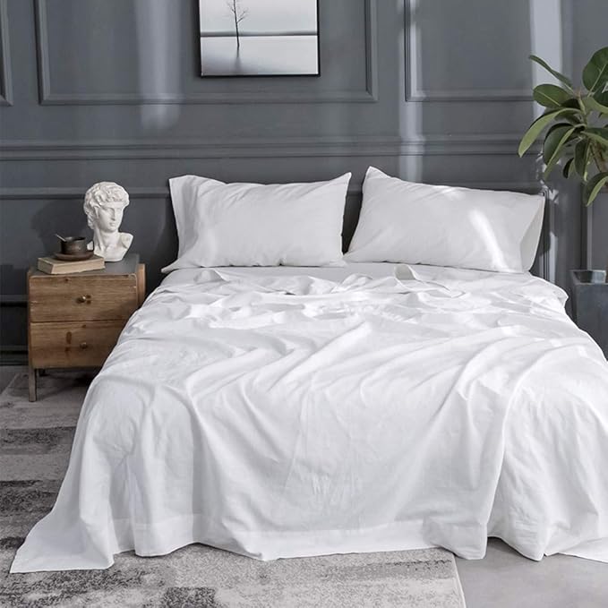Simple&Opulence Belgian Linen Sheet Set Solid Color - 3 Pieces (1 Flat Sheet, 1 Fitted Sheet & 1 Pillowcase) Natural Flax Cotton Blend Soft Breathable Farmhouse Bedding - Twin Size, White