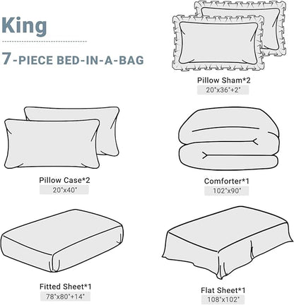 JOLLYVOGUE King Size Comforter Set 7 Pieces, Light Blue/Ivory Bed in a Bag Comforter Set for Bedroom, Beddding Sets with Comforter, Sheets,Ruffled Shams & Pillowcases