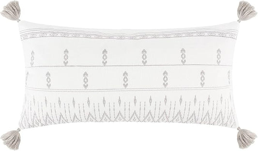 Levtex Home - Adare Grey Decorative Pillow - 12x24in Lumbar - Woven Stripe Design - Ivory and Grey - Tassel Corners - RDS Feather Filled