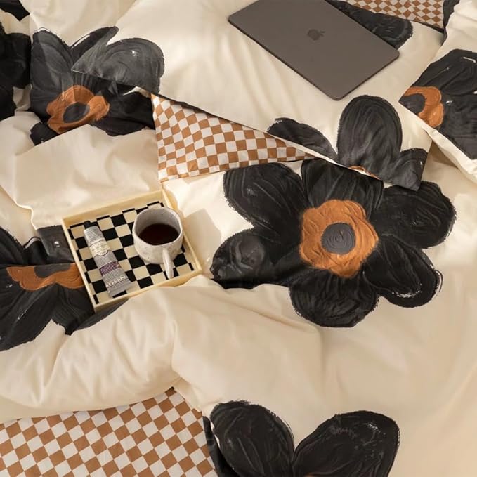 Pureant Black Sunflower Comforter Sets Twin Black and White Floral Bedding Comforters Cotton Women Girls Boho Black Botanical Quilts Large Flower Blankets Garden Adults Teens Bohemian Rustic Bedding