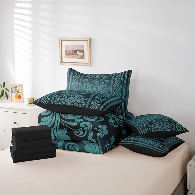 Comforter Set Full Size, Mint Turquoise Damask Aztec 7 Pcs Bedding for Kids Adults, Antique Decor Western Baroque Gothic Bed Sheet Sets with Fitted Sheet 2 Pillowcases & 2 Shams for Bedroom Bed Decor
