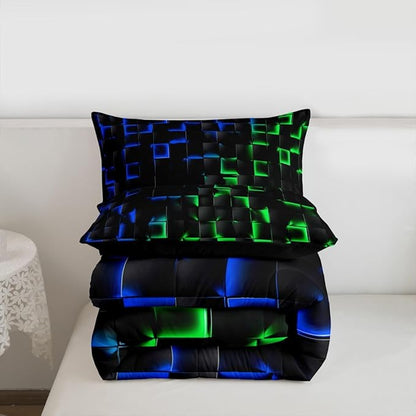 Erosebridal Geometric Checkered Comforter Set Queen Neon Blue Green Bedding Set for Kids Boys Teen Gamer Room Decor,Abstract Ombre Plaid Comforter Grids Quilt Duvet Black