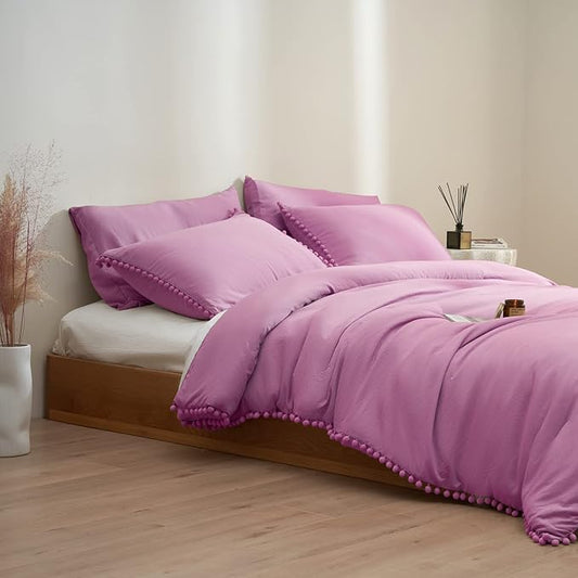 MUKKA Queen Comforter Set 5- Piece Comforter Queen Size Hot Pink, Boho Pom Pom Fringe Comforter Sets Queen Size, Bedding Comforter Sets with 2 Pillowcases 2 Pillowshams