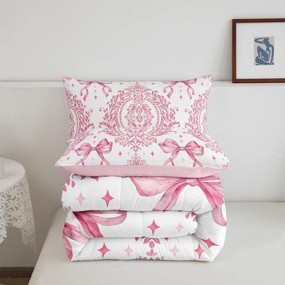 Feelyou Girls Pink Bowknot Comforter Set Full Size Gothic Damask Comforter Victorian-Themed Bedding Set Baroque Duvet Set Vintage Floral Quilt Set 3Pcs