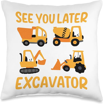 Construction Vehicles Excavator Trucks Bulldozer Crane Throw Pillow