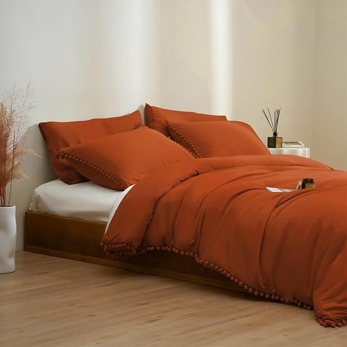 MUKKA King Comforter Set 5-Piece Comforter Terracotta King Size, Boho Pom Pom Fringe Comforter Sets King Size Burnt Orange, Soft Mirofiber Bedding Comforter Sets Rust with 2 Pillowcases,2 Pillowshams