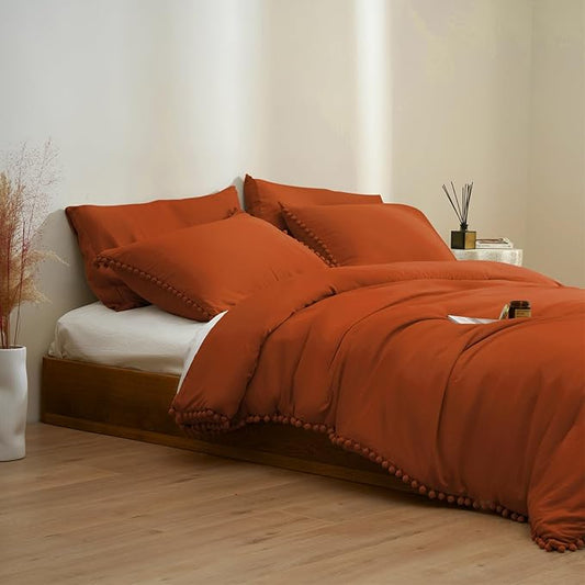 MUKKA Queen Comforter Set 5-Piece Queen Size Terracotta, Boho Pom Pom Fringe Comforter Burnt Orange, Soft Microfiber Bedding Comforter Set Rust with 2 Pillowcases,2 Pillowshams