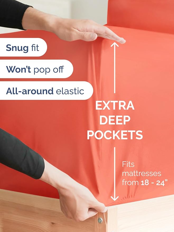 Extra Deep Twin XL Sheet Set - 4 Piece Breathable and Cooling Sheets - Hotel Luxury Bedding for Women, Men, Kids & Teens - Easy & Secure Fit - Soft, Wrinkle Free and Comfy - Extra Deep Pockets - Coral