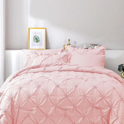 JOLLYVOGUE Pink Cal King Size Comforter Sets 7 Pieces,Pintuck Bed in a Bag Comforter Set for Bedroom, Bedding Comforter Sets with Comforter, Sheets,Ruffled Shams & Pillowcases