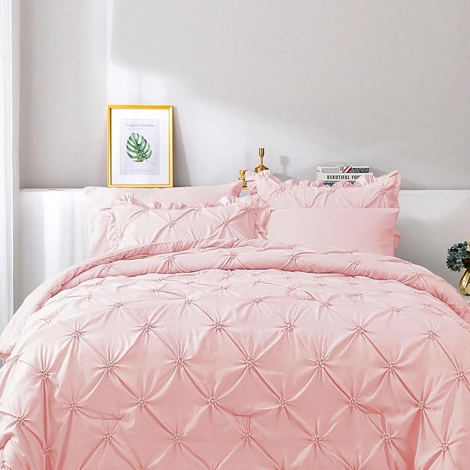 JOLLYVOGUE Queen Comforter Set 7 Pieces, Pink Bed in a Bag Comforter Set for Bedroom, Bedding Comforter Sets with Comforter, Sheets,Ruffled Shams & Pillowcases