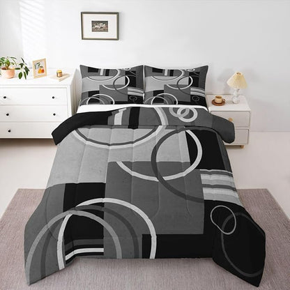 Erosebridal Circles Comforter Set Modern Grey Black White Bedding Sets Twin Size Abstract Swirls Square Quilted Duvet Geometric Stripe Duvet Set Modern Creative Soft Down Comforter with 1 Pillow Sham