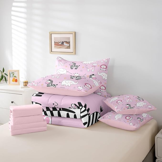 jejeloiu Pink Zoo Animals 7 Piece Bedding Set Full Size Cartoon Cute Comforter Set with Sheets for Kids Boys Girls Giraffe Lion Zebra Elephant Bed in a Bag Flower Bed Set