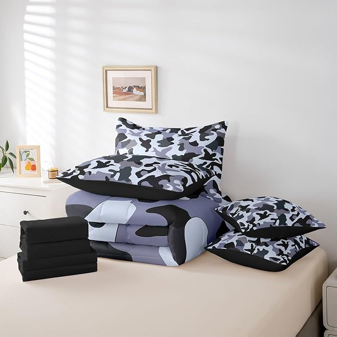 Erosebridal Farmhouse 7 Piece Comforter Set King Size Camo Bedding for Kids Boys Men Army Camouflage Hunting Bed in A Bag Sheet Set Vintage Blue Grey Room Decor Wild Animal Duck Hunting Bed Set