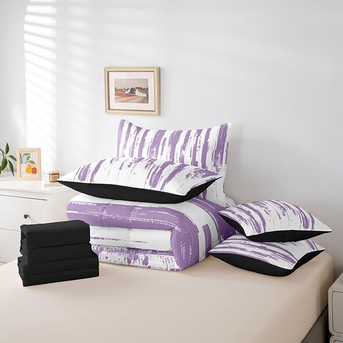 Erosebridal 7Pcs Lavender White Boho Full Comforter Set,Geometric Stripes Striped Abstract Bed in A Bag for Women Men Adults Teens,Modern Art Aesthetic Violet Purple Ink Quilt Set with Pillowcases