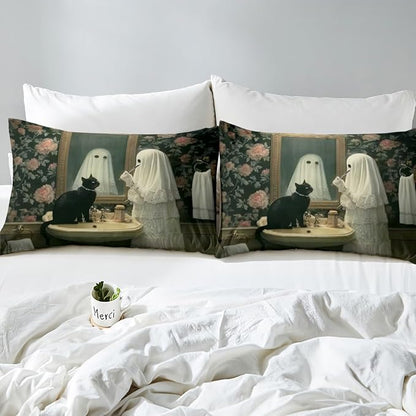 Erosebridal Funny Ghost Queen Comforter Set, Happy Halloween Cute Ghost Bedding Set, Gothic Cat Comforter, Rose Flowers Retro Baroque Boho Floral Quilt with 2 Pillowcases for Bedroom Decor