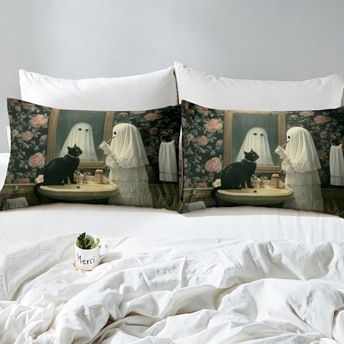 Erosebridal Funny Ghost Bedding Set Twin, Happy Halloween Cute Ghost Comforter Set, Gothic Cat Comforter, Rose Flowers Retro Baroque Boho Floral Quilt with 1 Pillowcase for Bedroom Decor