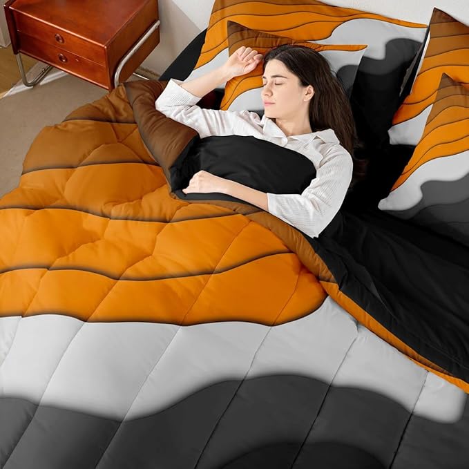 Orange Grey Black Ombre Full Comforter Set 7 Pieces Kids Teens Adults Geometric Stripe Bedding Comforter Sets, Aesthetic Wave Bed in a Bag Modern Abstract Bedding Set, Gradient Bed Sheets Set