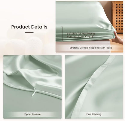 THXSILK 6A+ Top Grade 100% Pure Mulberry Silk Full Fitted Sheet 3Pcs Set Bed Sheets Luxury Bedding for Hair and Skin Health Breathable Cooling, 1 Fitted Sheet with 2 Pillowcases, Light Blue