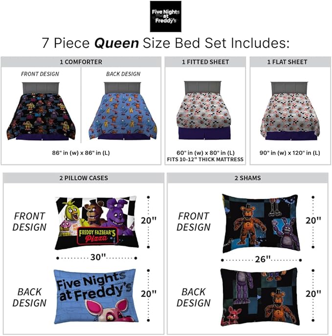 Five Nights at Freddy's Kids Bedding Super Soft & Cozy Comforter and Sheet Set with Sham, 7 Piece Queen Size, (Officially Licensed Product) by Franco