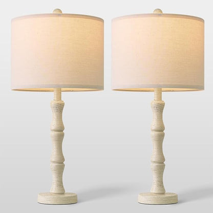 BOBOMOMO 25" Farmhouse Bedside Lamps Set of 2, Vintage Nightstand Lamps with Antique White Resin Base & Linen Shade, Standard Table Lamps for Bedroom, Living Room, End Table & House Décor