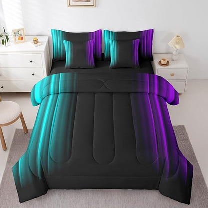 Feelyou Teens Abstract Ombre Decorations Bed in a Bag for Kids Women Teal Purple and Black Comforter Set with Sheets Geometric Modern Bed Set Room Twin Size