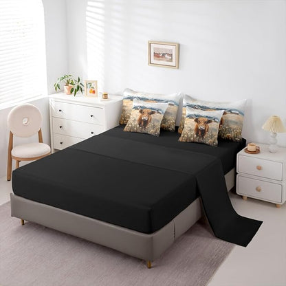 Erosebridal Brown Cow Print King Bedding Set - Western Highland Bull Bed in A Bag,Rustic Flowers Floral Decor Comforter Sets with Sheets, Farmhouse Country Style 7 Pieces Bed Set Bedroom Decor