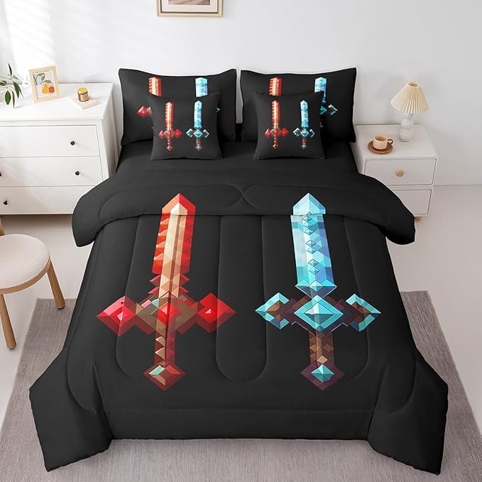 Red Blue Sword 7Pcs Comforter Set Twin Size,Sandbox Building Games Bedding Sets for Kids Boys Teens Men Room Decor,Pixelated Style Swords Fitted Flat Sheet Fashion Black 2 Throw Pillow,2 Pillowcases