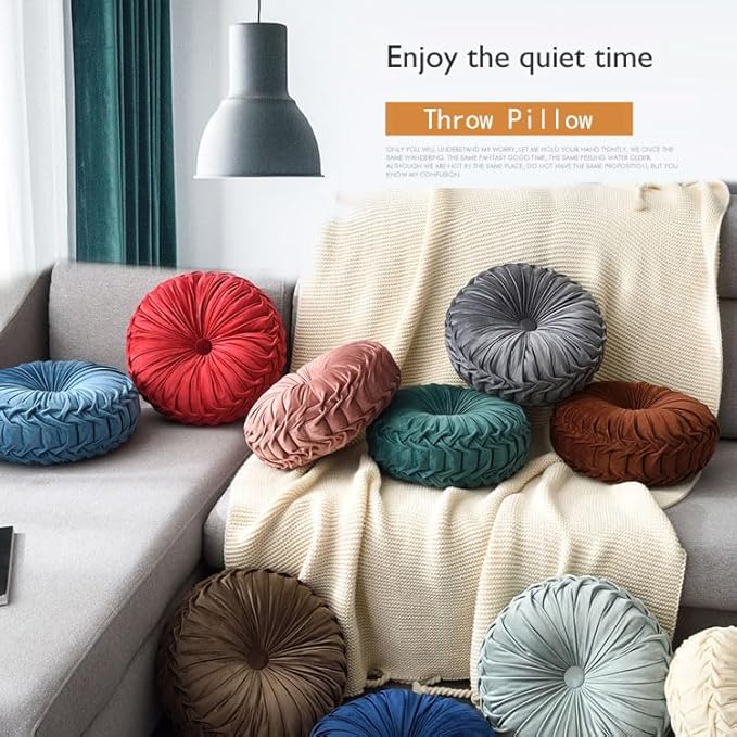 Round Throw Pillow Velvet 1 Pcs 14.17" Home Decoration Pleated 3D Pumpkin Pillow Cushion for Couch Chair Bed Car (Mint Green)