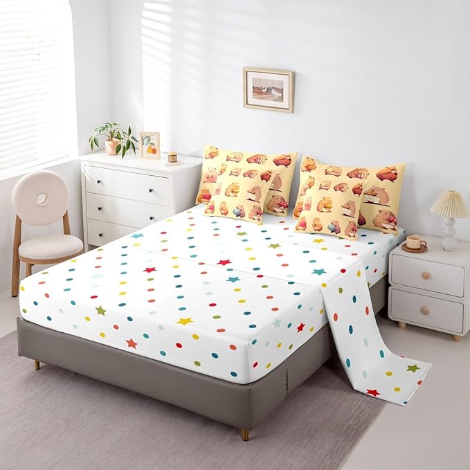 Erosebridal Funny Capybaras 7 Pieces Bedding Set Queen,Capybara Lover Bed in a Bag,Cartoon Rodents Bed Set Includes Comforter,Sheet Set,Pillowcases & Pillow Covers,Yellow Khaki Capybara Bedroom Decor