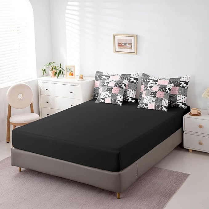 Erosebridal Girls Unicorn 7 Piece Comforter Set Queen Girly White Horse Bedding Western Cowboy Cowgirls Quilt Buffalo Plaid Duvet Insert Arrow Stripes Wild Animal Sheets Bedroom Decor,Pink Black
