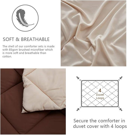 NexHome King Size Comforter Set Brown&Ivory, 3 Pieces Lightweight Reversible Comforter King Size, All Season Fluffy Down Alternative Comforter Bed Set Quilt Blanket(102x90 In Comforter & 2 Pillowsham)