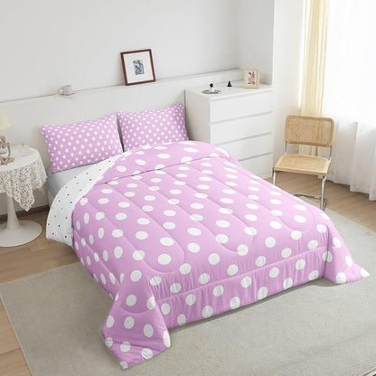 Manfei Polka Dots Comforter Set King Size,Cartoon French Style Dots Rose Pink White Bedding Set for Adults Room,Modern Geometric Circles Abstract Simple Art Comforter,3 Pcs 2 Pillowcases