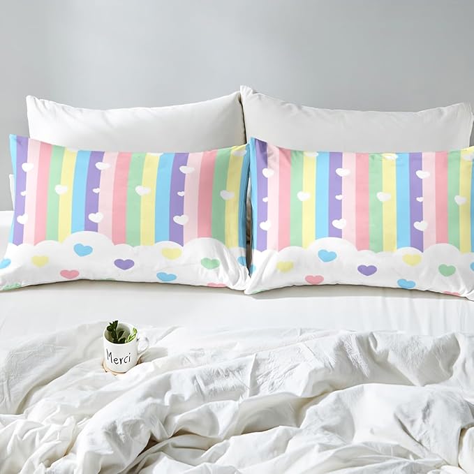 Erosebridal Love Heart Down Comforter Full Size,Cartoon Rainbow Comforter Set for Kids Teens Boys Girls, Kawaii Decor Quilt for All Season, Stripes Quilt, Colorful