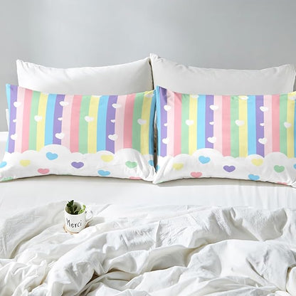 Erosebridal Love Heart Down Comforter Full Size,Cartoon Rainbow Comforter Set for Kids Teens Boys Girls, Kawaii Decor Quilt for All Season, Stripes Quilt, Colorful