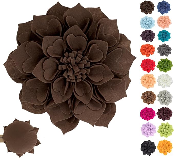 Fennco Styles Handmade 3D Heart-Shaped Petals Flower Decorative Filled Throw Pillow 13" Round - Chocolate Floral Pillow for Couch, Home Décor and Holiday, Housewarming Gift