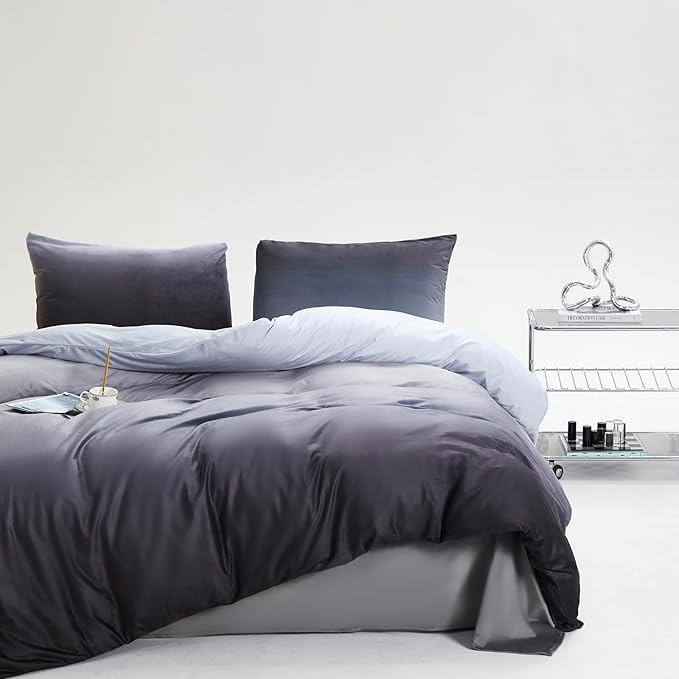 CLOTHKNOW Dark Grey White Velvet California King Comforter Sets 3Pcs Fluffy Bedding Comforter Sets Soft Gray Comforter and 2 x Velvet Pillowcases