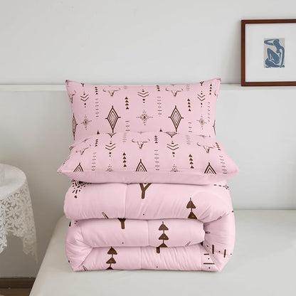 Feelyou Pink Western Bull Skull Comforter Set Boho Ethnic Horns Toddler Size Bedding Set Kids Adult Tribal Symbol Mysterious Aztec Comforter Soft