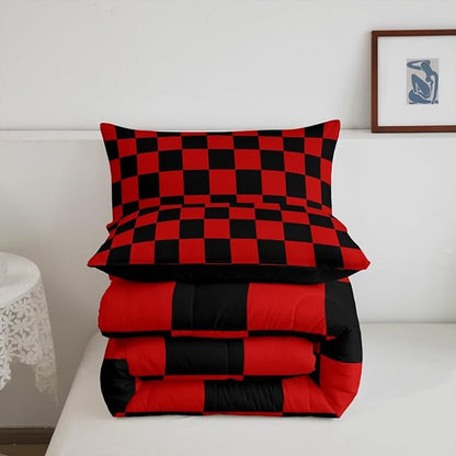 Feelyou Checkered Bedding Set Teen Women Men Red Black Plaid Comforter Set Twin Size Kids Boys Girls Cute Retro Neutral Checkerboard Geometric Duvet Insert Vintage Aesthetic Room Decor