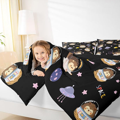 Castle Fairy Space Planet Boys Girls Comforter Set Full Size,Cartoon Hedgehog Astronaut Duvet Set Teens Bedroom Decor,Spaceship Starry Sky Microfiber Soft Bedding