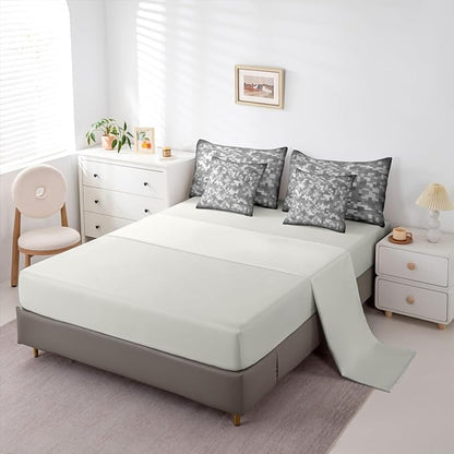 Castle Fairy Grey Pixel Grid 7 Piece Bedding Set Queen Size,Miner Video Games Comforter & Sheet Sets Abstract Camouflage Bed in a Bag Grid Flat & Fitted Sheets,4 Pillow Covers
